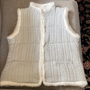 Talbots Gray Cable Knit Vest with Faux Fur
